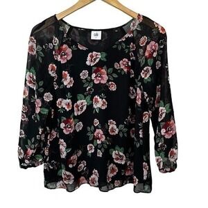 Cabi Sheer Floral Top V Neck 3/4 Sleeve‎ Pullover Black Pink Green Boho Coquette